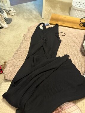 Sleeveless Black Rib-Knit Twist-Front Jumpsuit